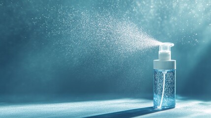 Environmental cleaning portrait, crystalline spray container, delicate mist dispersion, tranquil blue color palette, sustainable product photography, radiant light beam detail, negative space