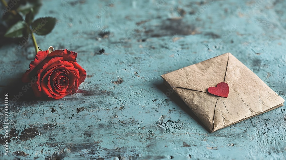 Aufkleber Romantic Valentine s Day scene featuring a heart shaped envelope and a single red rose against a dreamy soft focus background perfect for sending love notes or creating a sentimental