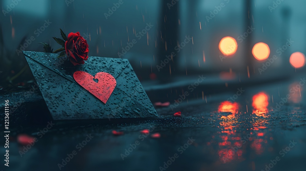 Aufkleber a moody atmospheric image depicting a heart shaped love letter with a red rose resting on a softly b