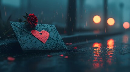 A moody atmospheric image depicting a heart shaped love letter with a red rose resting on a softly blurred rainy background