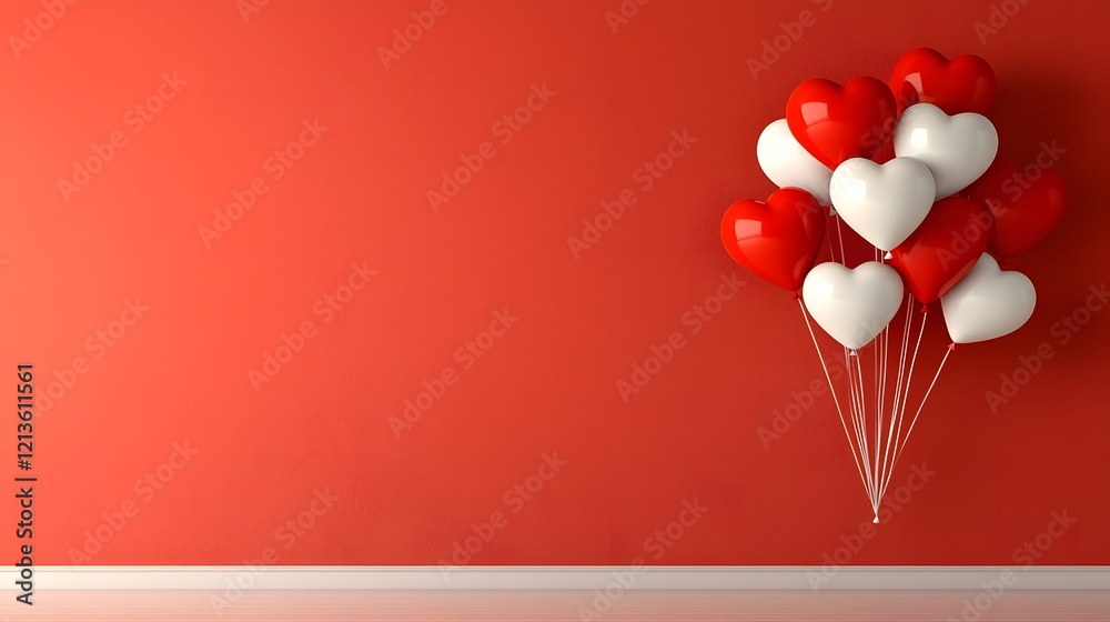 Aufkleber romantic background with heart shaped red and white balloons floating on a vibrant red backdrop crea