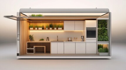 Contemporary mobile living space, clean white cabinetry, natural wood paneling, space-saving furniture design, sustainable home features, modular kitchen layout, compact dwelling interior, potted