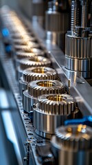 Close-up of precision-engineered metal gears on a production line.