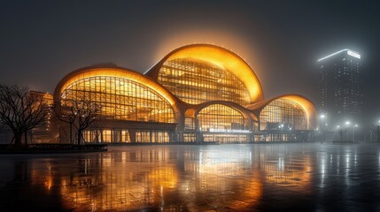 Fototapeta premium A modern building illuminated in golden hues, reflecting in water, shrouded in mist, showcasing a futuristic architectural design.