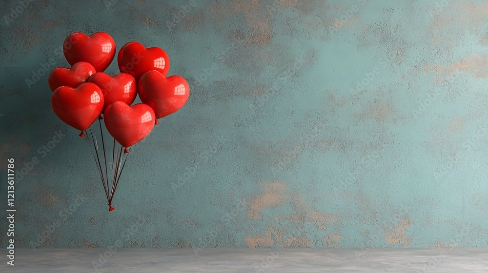 Poster Vibrant floating red heart shaped balloons in a romantic setting creating a dreamy whimsical atmosphere perfect for writing love notes creating Valentine s Day invitations