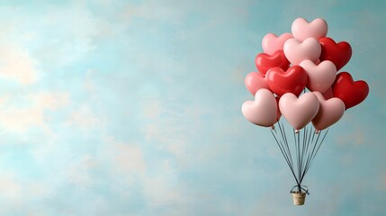 Stunning red and pink heart shaped balloons floating effortlessly against a gentle cloud like background with empty space perfect for love themed cards banners or marketing designs