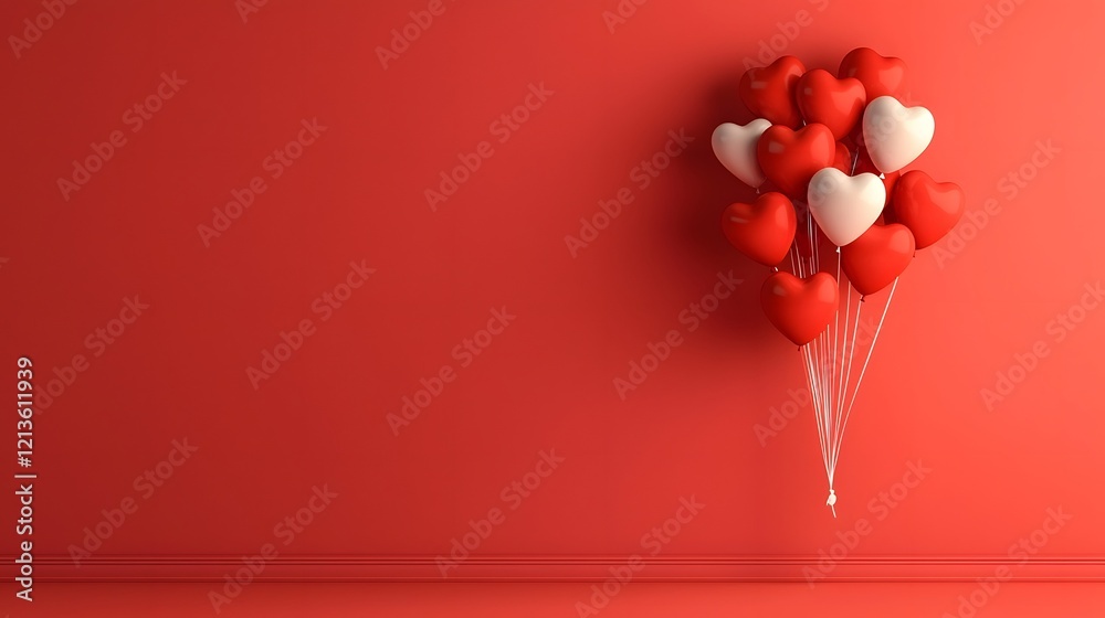 Poster Soft and romantic Valentine s Day background with floating red heart shaped balloons on an open minimalist red background perfect for love related messages promotions cards