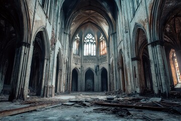 Majestic Abandoned Gothic Cathedral Interior with Crumbling Architecture and Dusty Atmosphere Captured in Natural Light