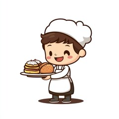 Chef holds plate with pastries. Simple white background. Stock image use for cooking, food