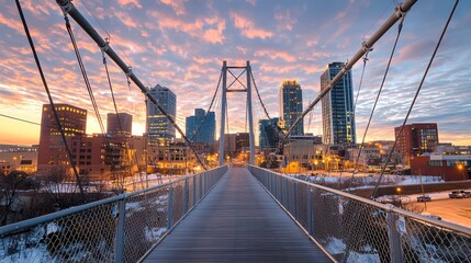 Fototapeta premium A vibrant skyline view at sunset, featuring a suspension bridge leading to modern city buildings illuminated by warm light.