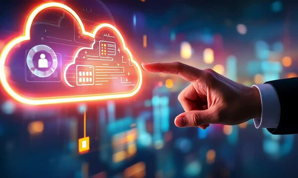 Hand Interacting with Glowing Cloud Computing Icon on Digital Network Background