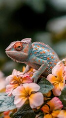 Obraz premium Colorful Chameleon Resting on Vibrant Flowers in a Lush Garden, Showcasing Nature's Beauty and Intricacies of Reptilian Adaptation