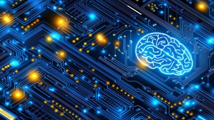 Futuristic glowing brain design on a detailed circuit board, representing the synergy of artificial intelligence, neural tech, and innovation.
