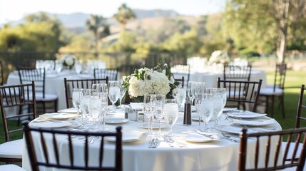 Obraz premium Outdoor wedding reception tablescape, garden setting, hills background