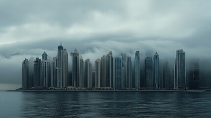 Obraz premium Foggy skyscrapers, coastal city, moody atmosphere, waterfront view, travel