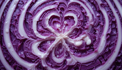 Fototapeta premium Close-up of red cabbage layers with dew drops enhancing freshness