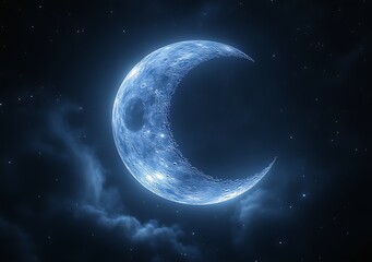 Crescent moon in night sky with stars and clouds.