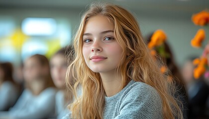 Obraz premium Blond girl attending event, blurred audience in background