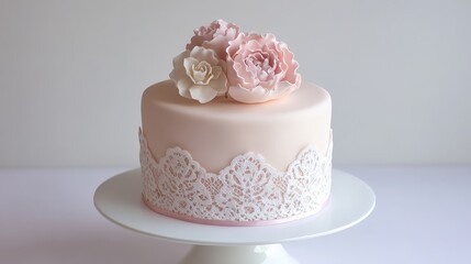 simple yet elegant wedding cake featuring a single floral arrangement on top, surrounded by delicate lace details