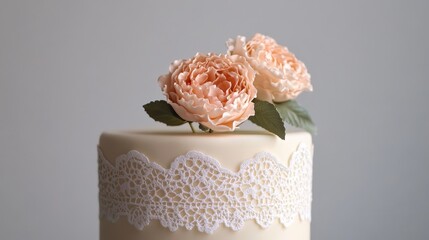 simple yet elegant wedding cake featuring a single floral arrangement on top, surrounded by delicate lace details