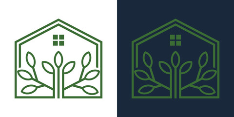 tree house logo line art vector illustration, green home logo template