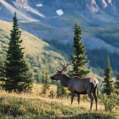Obraz premium Majestic elk surveys mountain landscape at dawn; postcard