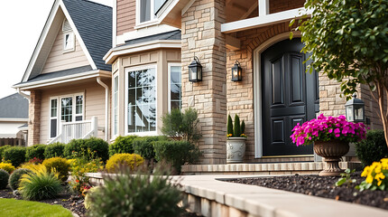 Luxury Home Exterior: Stunning Brick Facade and Landscaped Garden