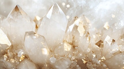 Sparkling quartz crystals cluster, closeup, ethereal background, website banner