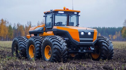 Obraz premium Orange six-wheel drive tractor on field, autumn