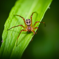 Fototapeta premium Brown spider sitting on a green leaf on greenish background