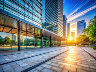 Obraz premium A deserted plaza mirrors in a glassy modern building, captured candidly by AI.