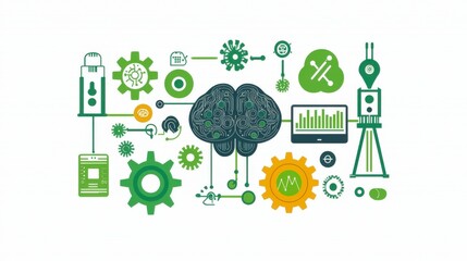 Minimalist monoline icons illustrating AI and machine learning technologies, including brain, robot, gears, data analytics, neural networks, and process optimization.