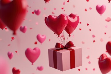 3D gift box with heart shaped balloons and ribbons, perfect for Valentine&rsquo;s Day, birthday, or romantic celebrations