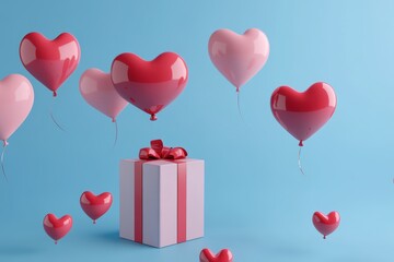 3D gift box with heart shaped balloons and ribbons, perfect for Valentine’s Day, birthday, or romantic celebrations