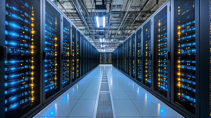 Obraz premium A futuristic server room background showing neatly arranged server racks with active lights and cooling units, emphasizing the efficiency and security of modern data centers.