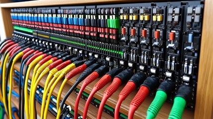 Fototapeta premium A sleek and modern server room background showing racks of servers, power cables, and cooling systems, designed to support large-scale data operations and high-speed internet.