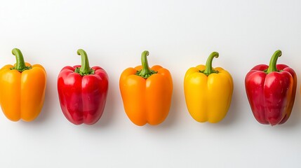 Vibrant Colorful Bell Peppers in a Row on White Background, Fresh and Healthy Vegetable Display