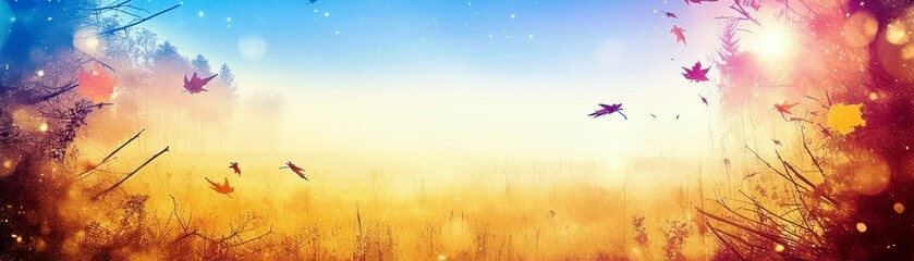 Fototapeta premium Serene Autumn Landscape with Colorful Leaves and Gentle Mist at Sunrise, Capturing the Beauty of Nature's Transition in a Magical Atmosphere