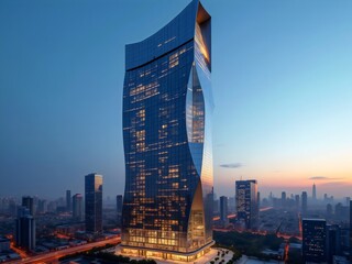 A tall, modern skyscraper with a curved facade at dusk with lights and windows