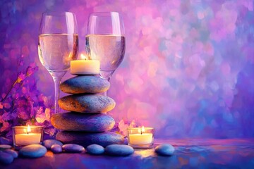 Romantic spa scene with wine glasses, candles, and stones.
