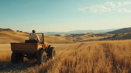 Obraz premium Farmer driving vehicle across golden field, scenic hills background, agriculture