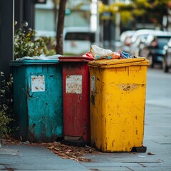 Obraz premium City street overflowing recycle bins, waste disposal