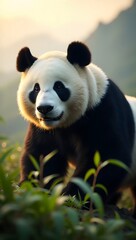 Panda Animal Outdoors Landscape Scene with Mountain Background and Vegetation