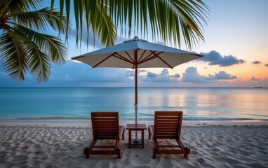Obraz premium A tranquil beach scene at sunrise with two wooden lounge chairs positioned under a white umbrella.