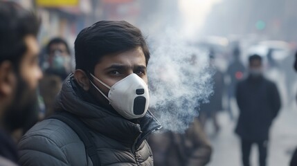 Man wearing mask, city smog, breathing polluted air, traffic background, air pollution awareness