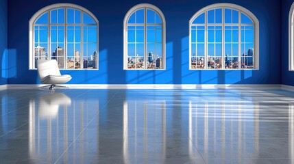 Obraz premium Modern city view office, blue walls, chair, shiny floor