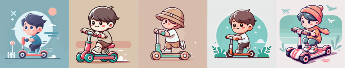 vector image of a small child playing on a scooter