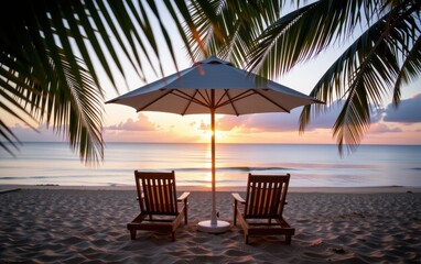A tranquil beach scene at sunrise with two wooden lounge chairs positioned under a white umbrella.