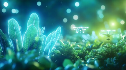 Fototapeta premium drone flying over glowing plants at night - futuristic technology