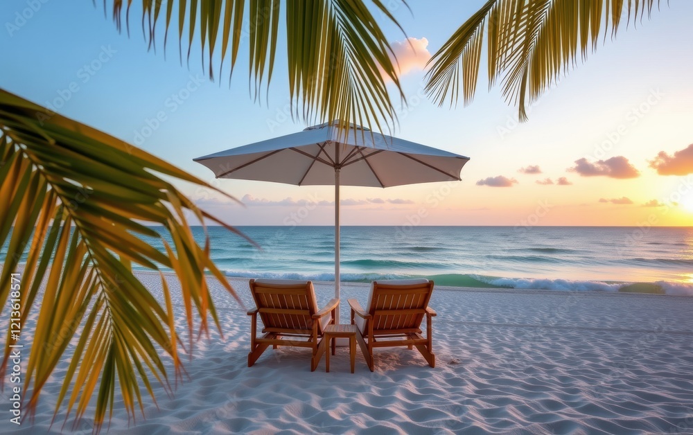 Wall mural A tranquil beach scene at sunrise with two wooden lounge chairs positioned under a white umbrella.